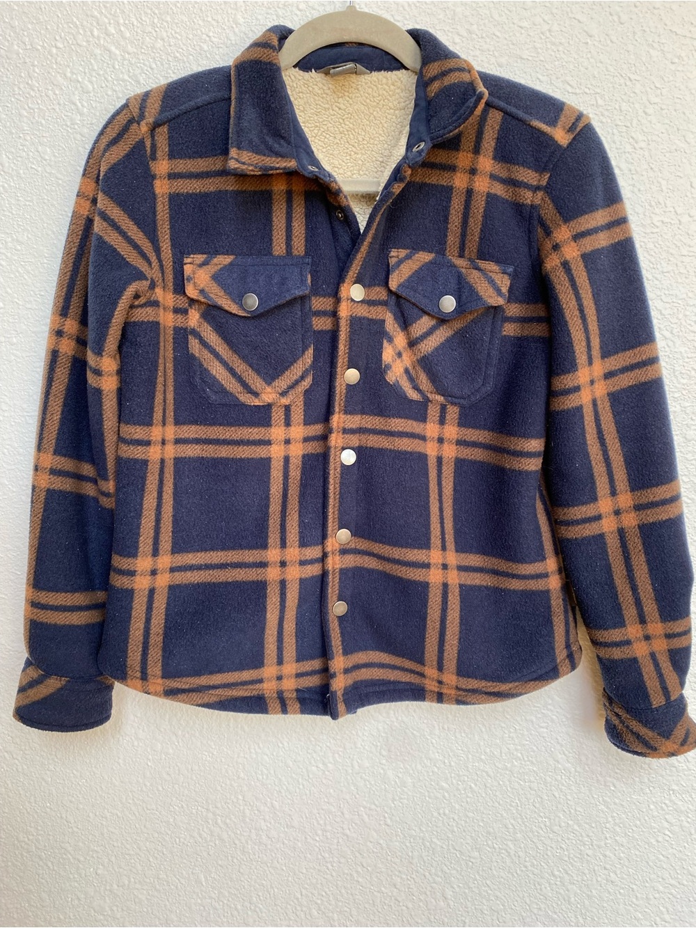 Eddie Bauer Kids Navy & Tan Plaid Sherpa-Lined Shacket Jacket - Boy’s Medium